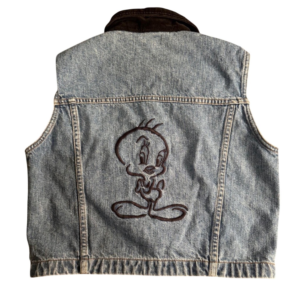 Warner Bros Studio Store Tweety Bird Denim Vest Blue Corduroy Collar Medium 90s